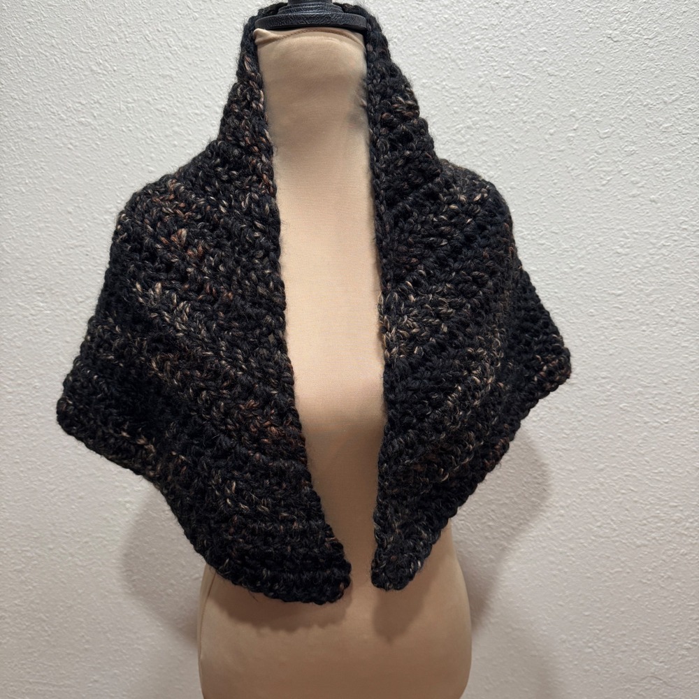 Handmade Chunky Crochet Triangle Shawl Wrap Marled Black Brown Tan Boho
